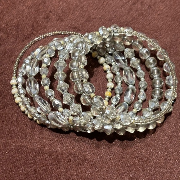 Silver/Tan Women's Shimmery Seven Row Beaded Spiral Bracelet - Picture 10 of 14